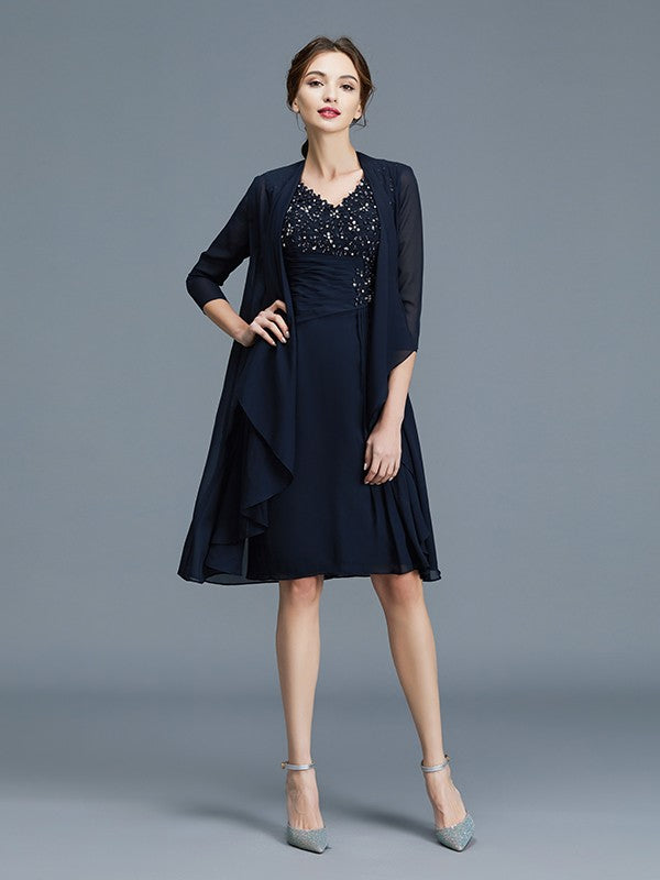 Vestidos para madre de la novia de gasa, sin mangas, con escote en V, volantes y corte columna hasta la rodilla