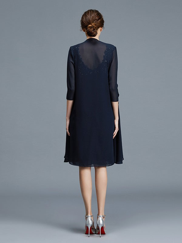 Vestidos para madre de la novia de gasa, sin mangas, con escote en V, volantes y corte columna hasta la rodilla