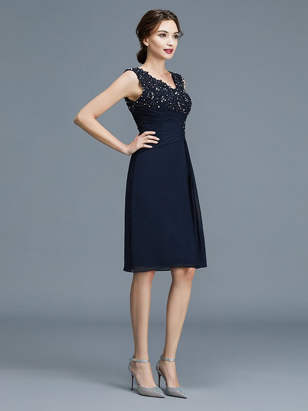 Vestidos para madre de la novia de gasa, sin mangas, con escote en V, volantes y corte columna hasta la rodilla