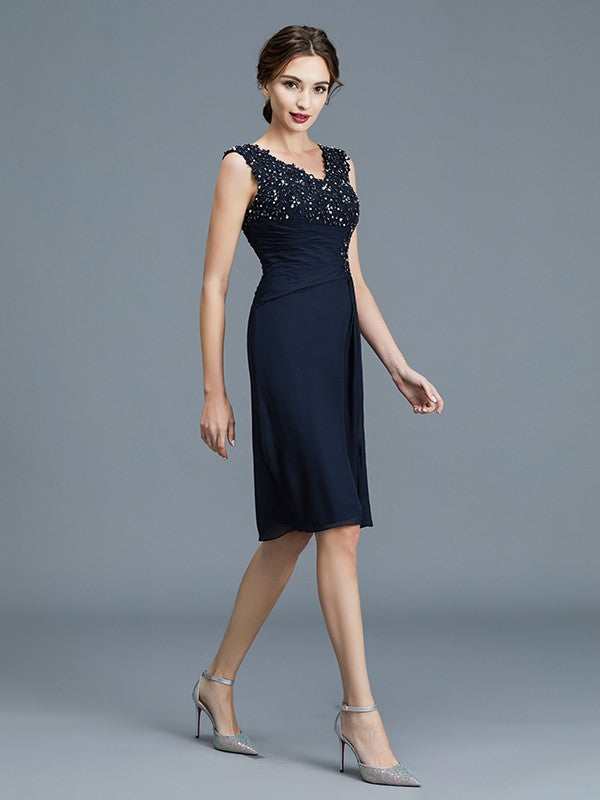 Vestidos para madre de la novia de gasa, sin mangas, con escote en V, volantes y corte columna hasta la rodilla