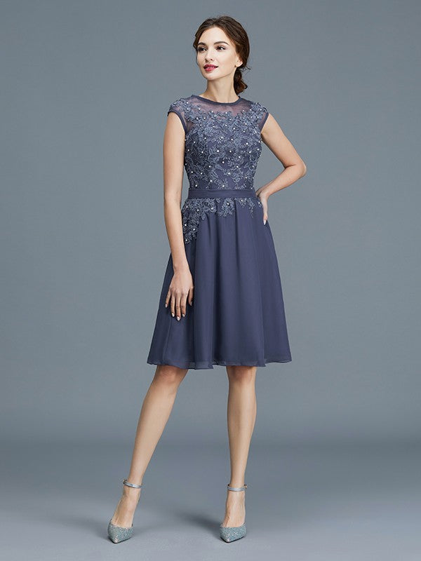 Vestidos para madre de la novia de corte A/princesa, de gasa, sin mangas, con cuentas y largo hasta la rodilla