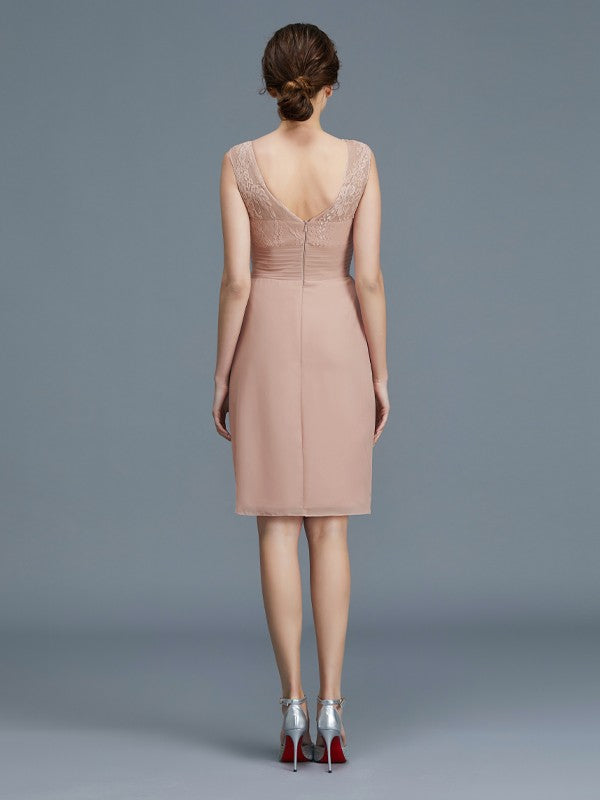 Vestidos para madre de la novia de gasa sin mangas, con cuello transparente, volantes y corte columna hasta la rodilla