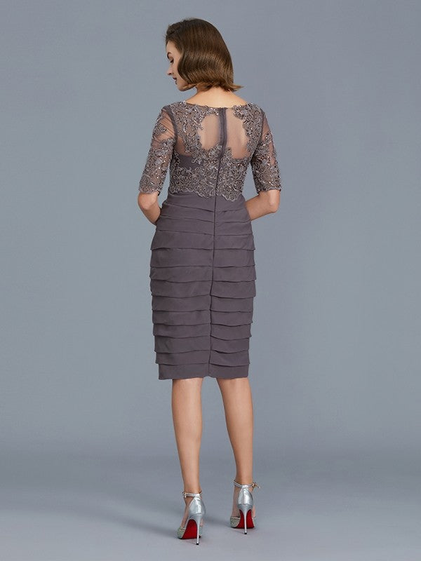 Abiti da madre della sposa in chiffon con maniche a 1/2, lunghezza al ginocchio, scollo a V, scollatura a tubino/colonna