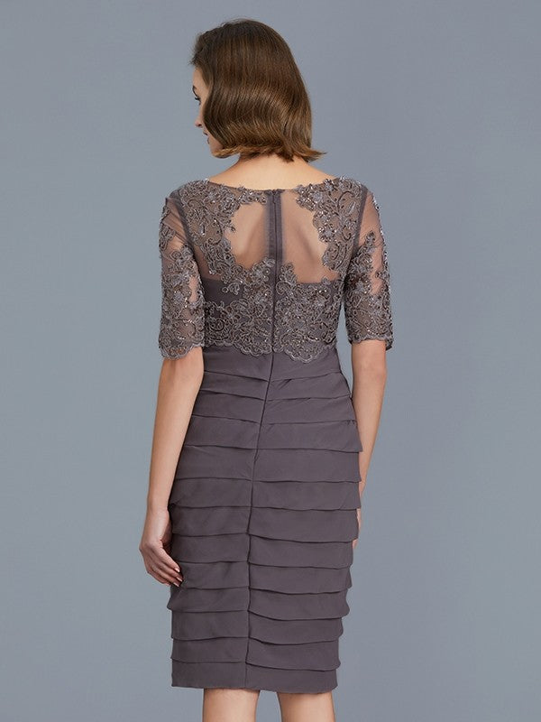 Vestidos para madre de la novia de gasa con volantes redondos y mangas 1/2 hasta la rodilla con corte tubo/columna