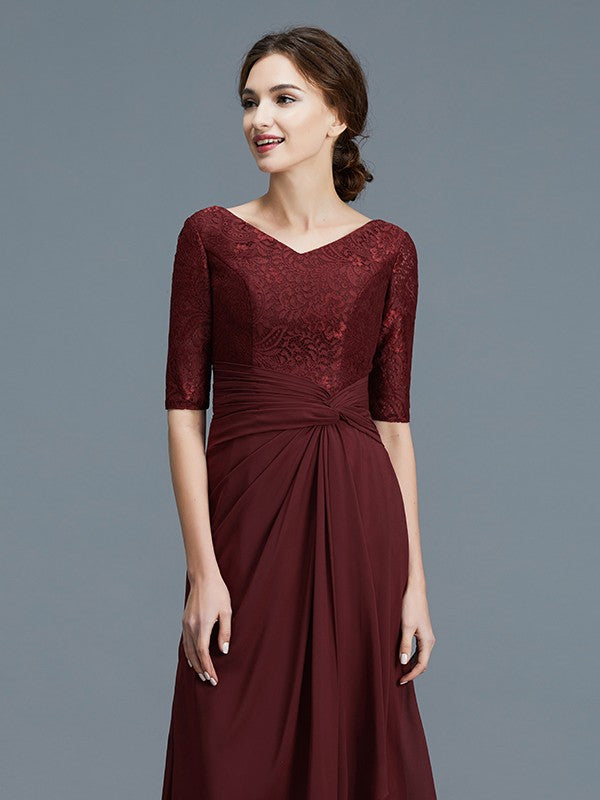 Vestidos de madre de la novia de corte A/princesa, escote en V, mangas 1/2, volantes, gasa, largo hasta el suelo