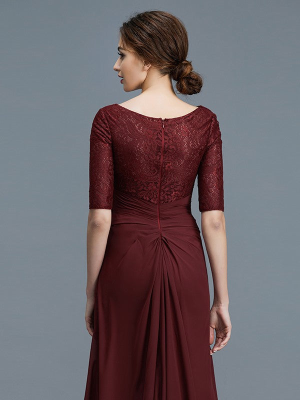 Vestidos de madre de la novia de corte A/princesa, escote en V, mangas 1/2, volantes, gasa, largo hasta el suelo