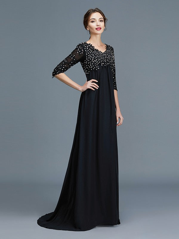 Abiti da sposa lunghi fino a terra in chiffon con perline, scollo a V, maniche a 1/2, stile A/Principessa