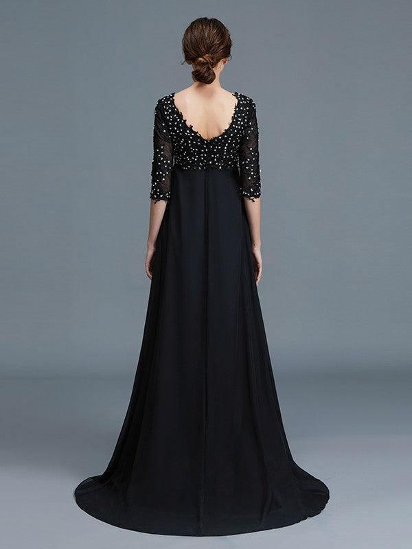 Abiti da sposa lunghi fino a terra in chiffon con perline, scollo a V, maniche a 1/2, stile A/Principessa