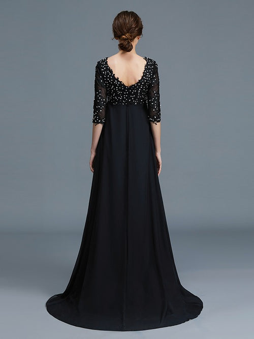 Abiti da sposa lunghi fino a terra in chiffon con perline, scollo a V, maniche a 1/2, stile A/Principessa