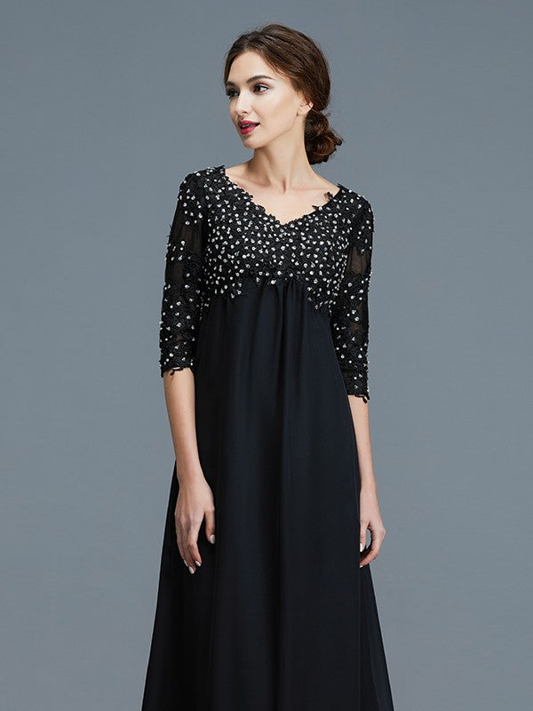 Abiti da sposa lunghi fino a terra in chiffon con perline, scollo a V, maniche a 1/2, stile A/Principessa