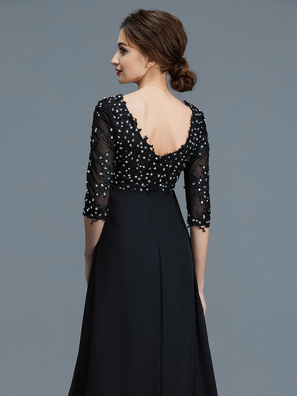 Abiti da sposa lunghi fino a terra in chiffon con perline, scollo a V, maniche a 1/2, stile A/Principessa