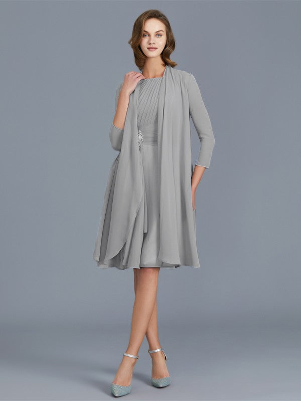 Vestidos de madre de la novia de gasa sin mangas con volantes redondos y corte A/princesa hasta la rodilla