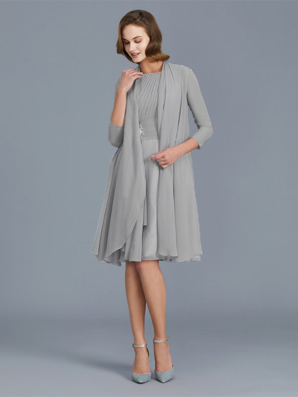 Vestidos de madre de la novia de gasa sin mangas con volantes redondos y corte A/princesa hasta la rodilla