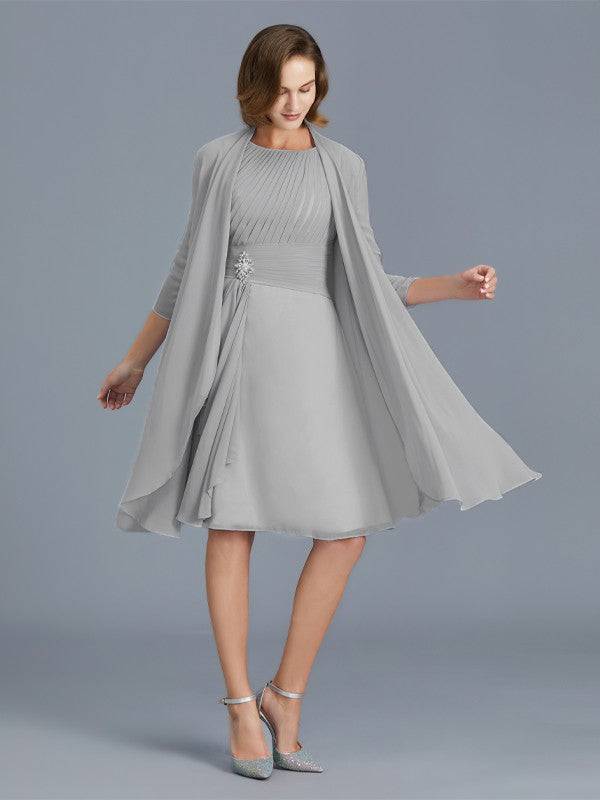 Vestidos de madre de la novia de gasa sin mangas con volantes redondos y corte A/princesa hasta la rodilla