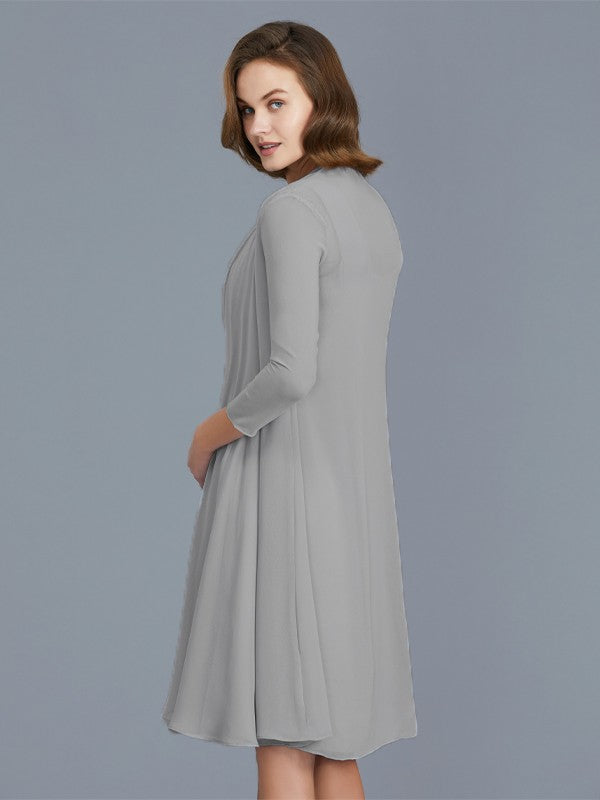 Vestidos de madre de la novia de gasa sin mangas con volantes redondos y corte A/princesa hasta la rodilla