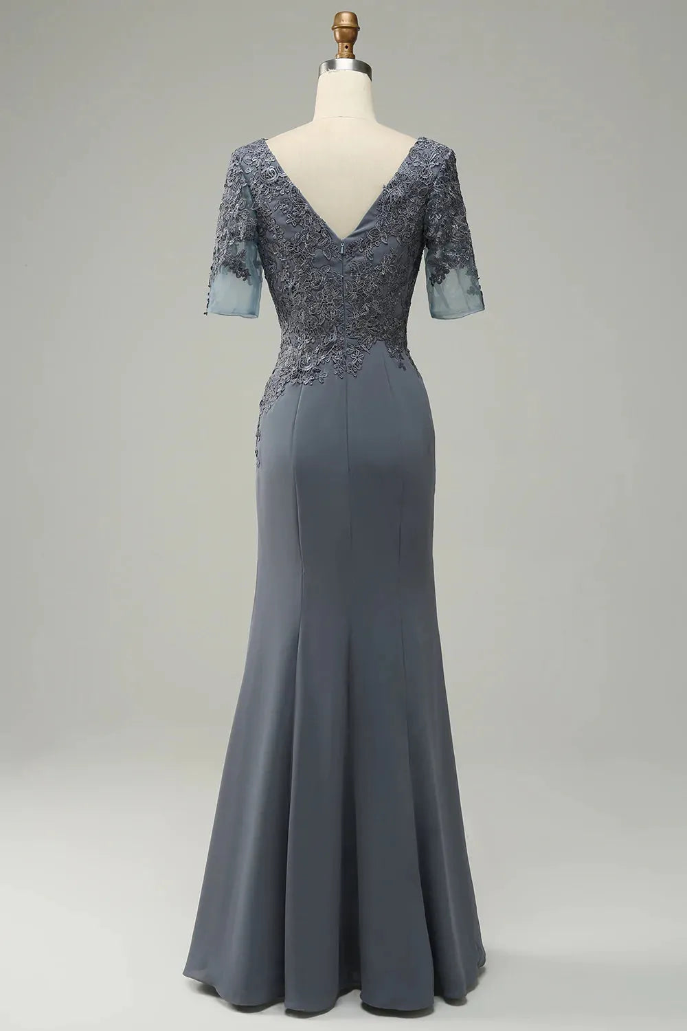 Slate Blue Crepe Mermaid Floor-Length Dress with Lace Bodice for Wedding Guests & Formal Events