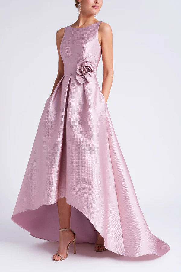 Vestidos de satén para madre de la novia con corte A, circulares, sin mangas, con bolsillos florales y altura