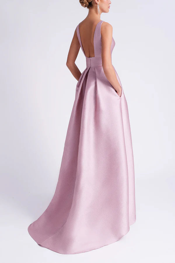 Vestidos de satén para madre de la novia con corte A, circulares, sin mangas, con bolsillos florales y altura