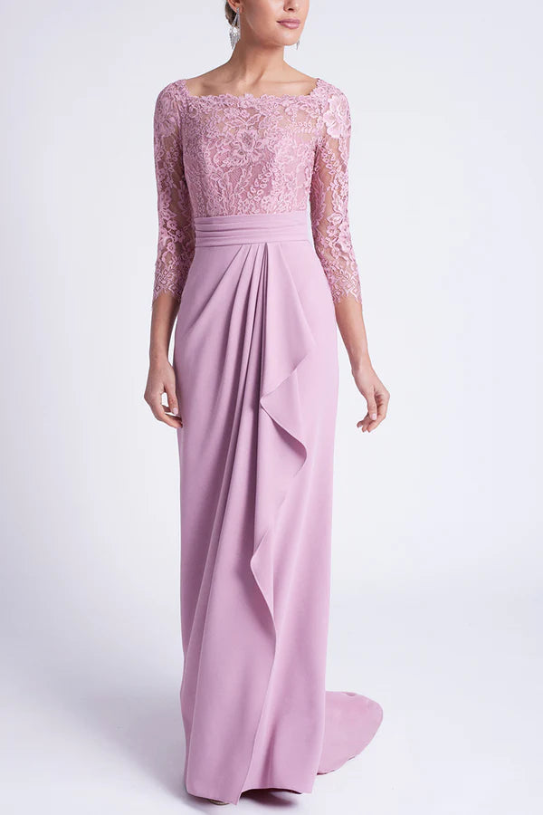 Calcomanía de encaje con mangas 3/4 cuadradas y bordes con volantes para vestidos de madre de la novia