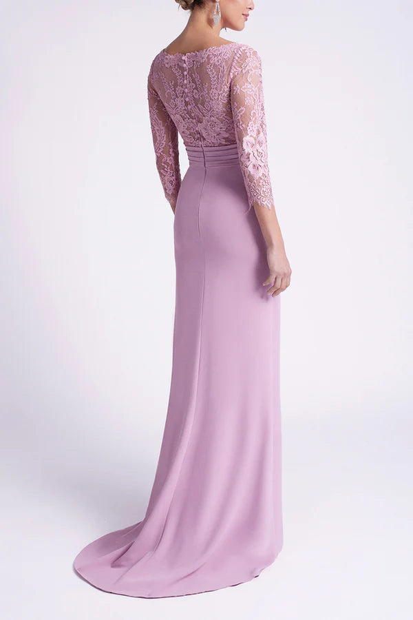 Calcomanía de encaje con mangas 3/4 cuadradas y bordes con volantes para vestidos de madre de la novia