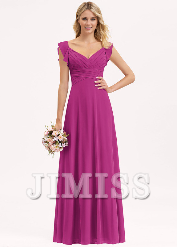 Vestido de dama de honor de gasa con escote en V estilo imperio, volantes en capas y bajo