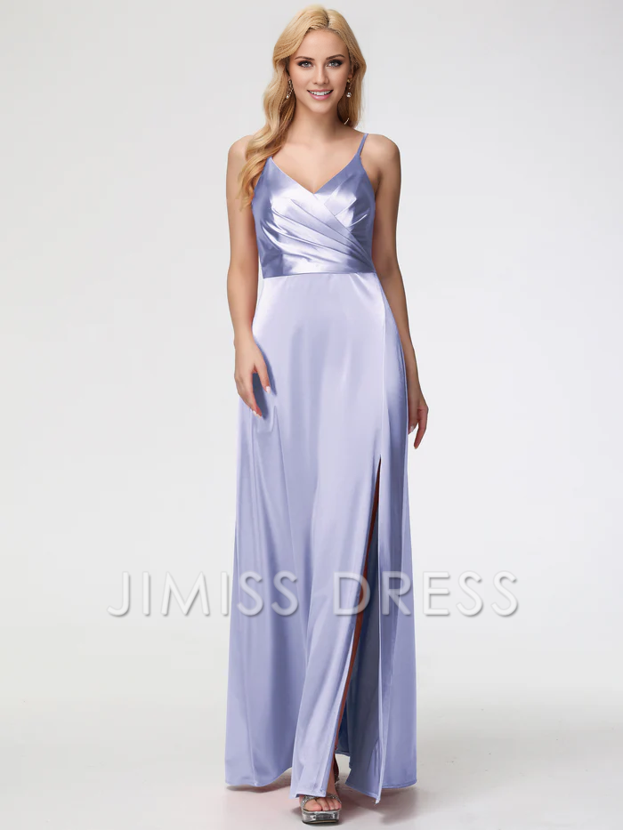 Vestido de fiesta Jimiss de satén plisado con escote en V y tirantes finos