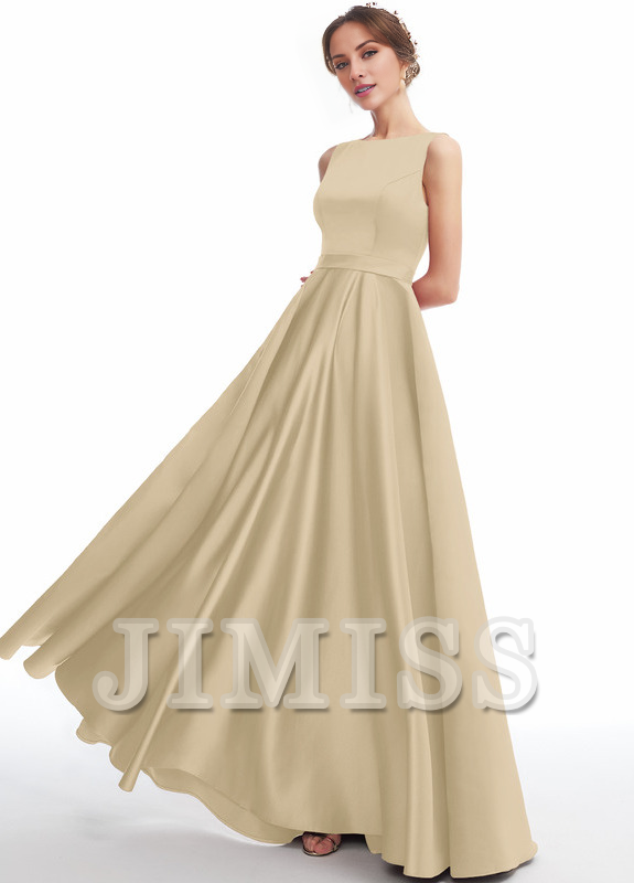 Abito da damigella d'onore in raso a trapezio con scollo a barchetta e lunghezza al pavimento