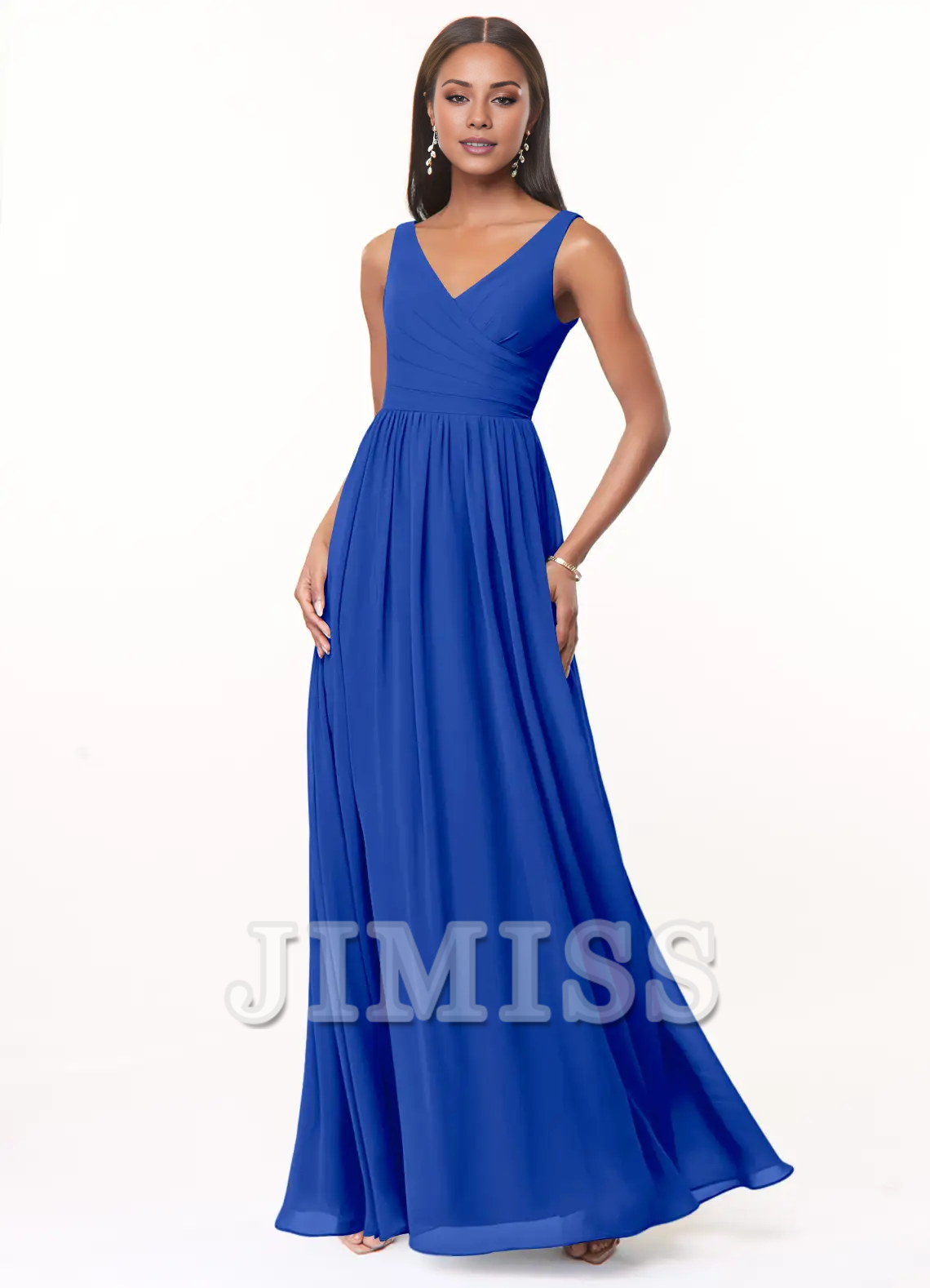 Vestido de dama de honor de gasa plisada con escote en V y corte A hasta el suelo - Vestido Jimiss 