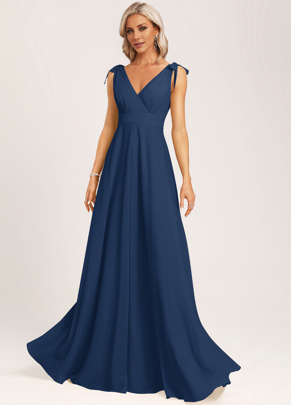 Abito da damigella d'onore lungo in chiffon con scollo a V, a trapezio e fiocco