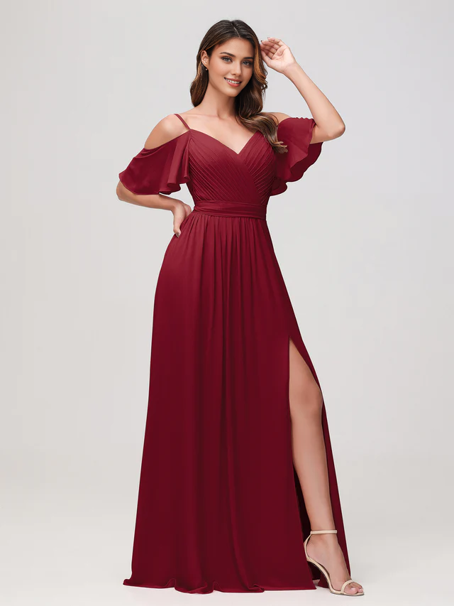 Chiffon Off-Shoulder V-Neck Ruched Bodice High-Slit A-Line Floor-Length Bridesmaid Dresses