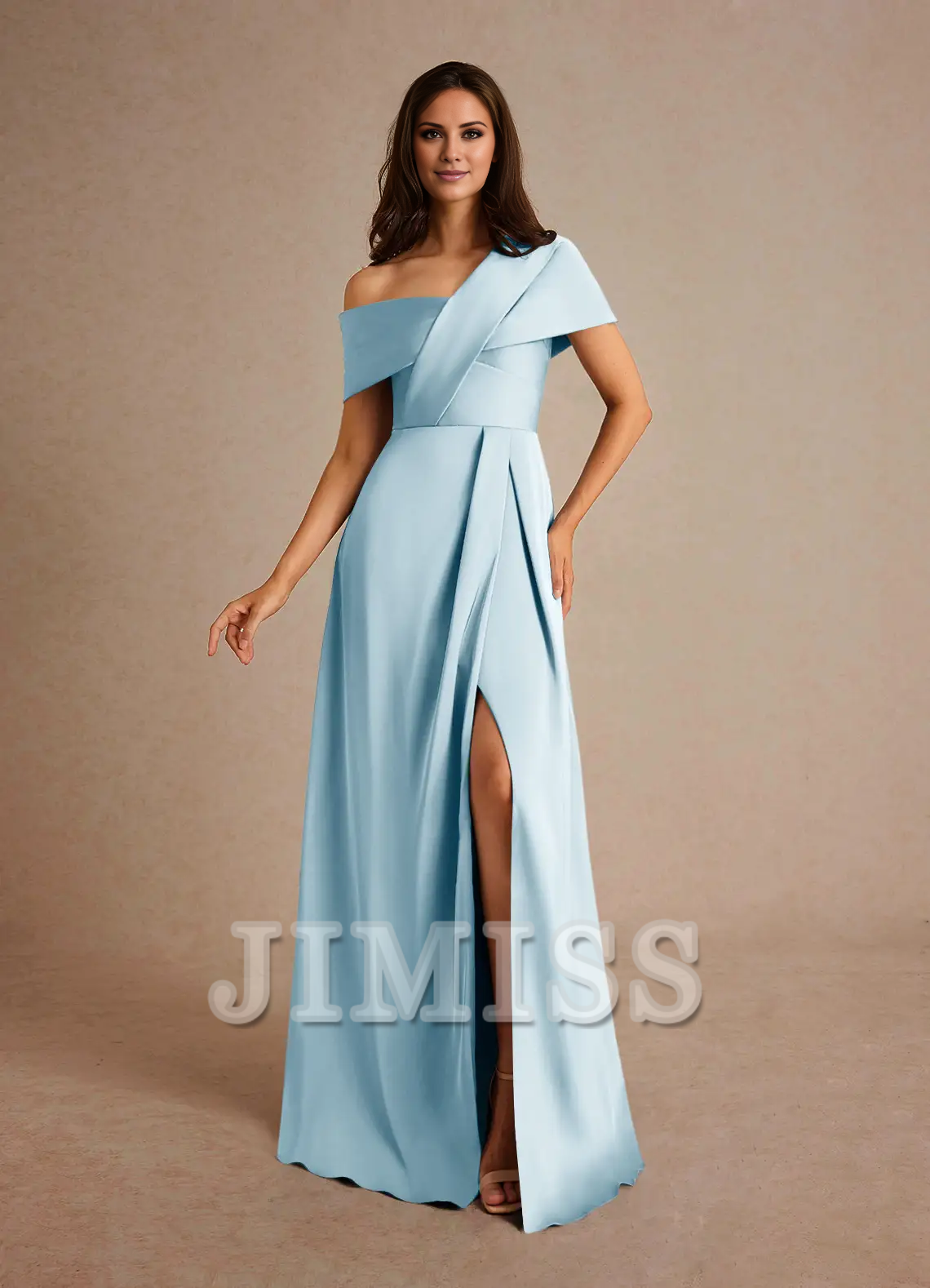 Dark Navy Crepe A-Line Off-the-Shoulder Floor-Length Bridesmaid Dress