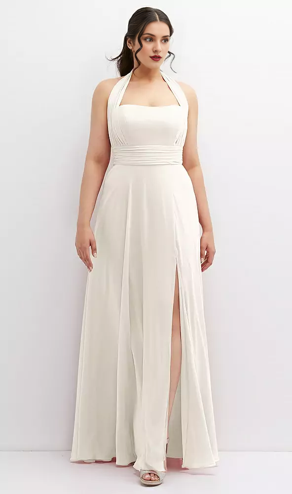 Blushing Pink Chiffon A-Line Halter neckline Floor-Length Dress with Ruched Bodice & High Slit