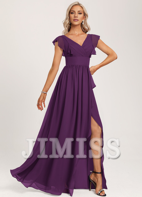 Vestido de dama de honor de gasa con volantes, escote en V y largo hasta el suelo