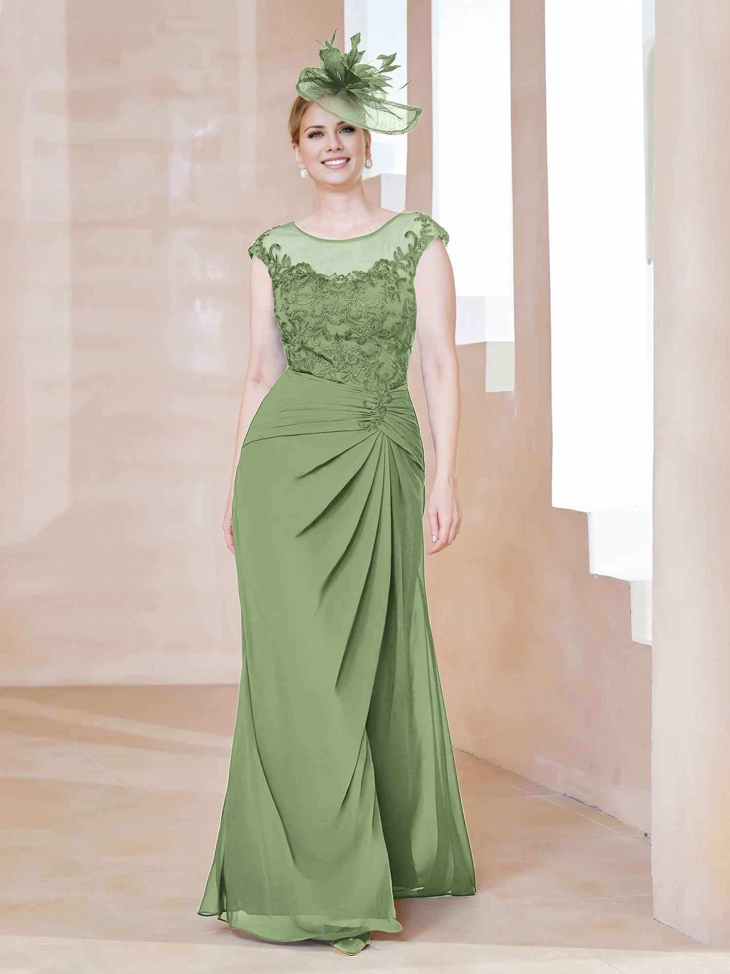 Dark Navy Chiffon A-Line Floor-Length Evening Dress with Illusion Neck and Draped Front