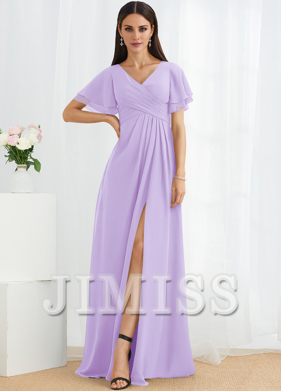 Abito da damigella d'onore in chiffon lungo fino al pavimento, con scollo a V e linea ad A