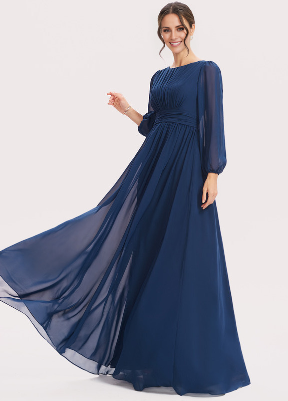Dark Navy Chiffon A-Line Floor-Length Bridesmaid Dress with Boat Neck & Voluminous Sleeves