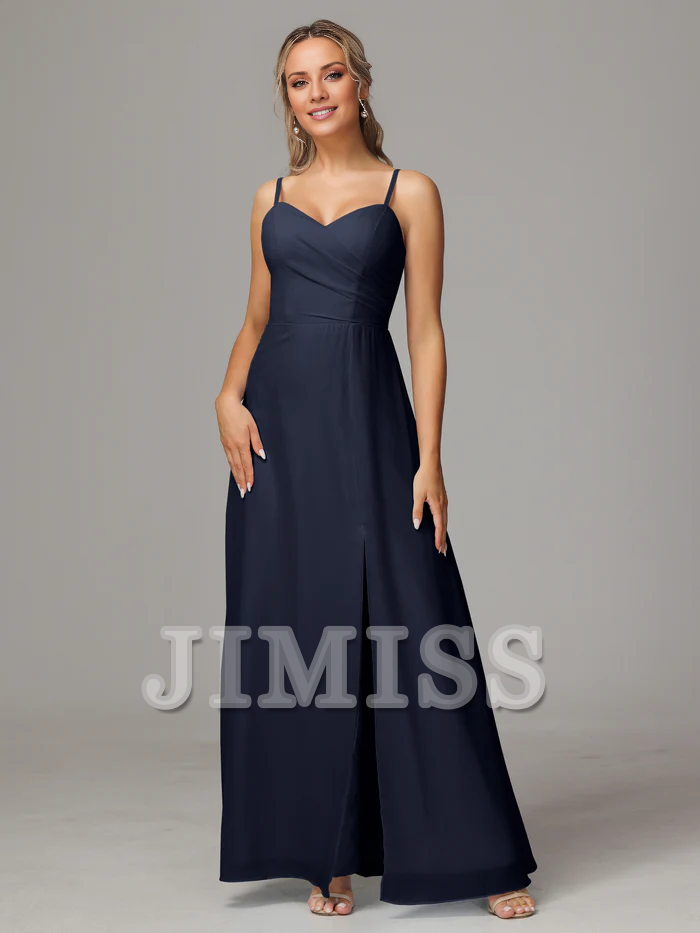 Vestido de dama de honor de gasa con escote en forma de corazón, tirantes finos y abertura lateral