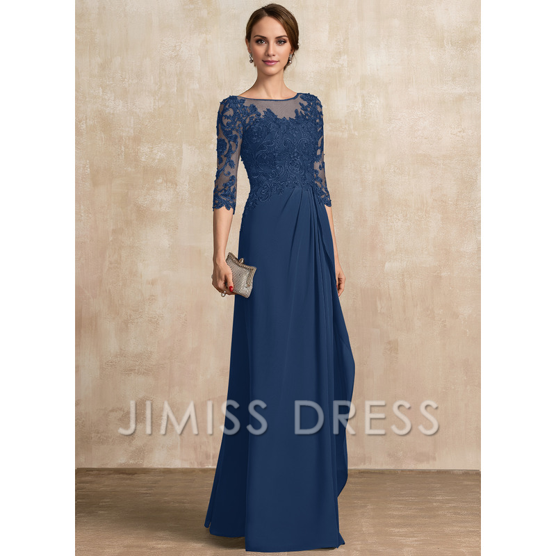 Jimiss A-shaped Scoop Illusion floor mopping chiffon lace ribbon bead sequins layered ruffles mother of the bride dress