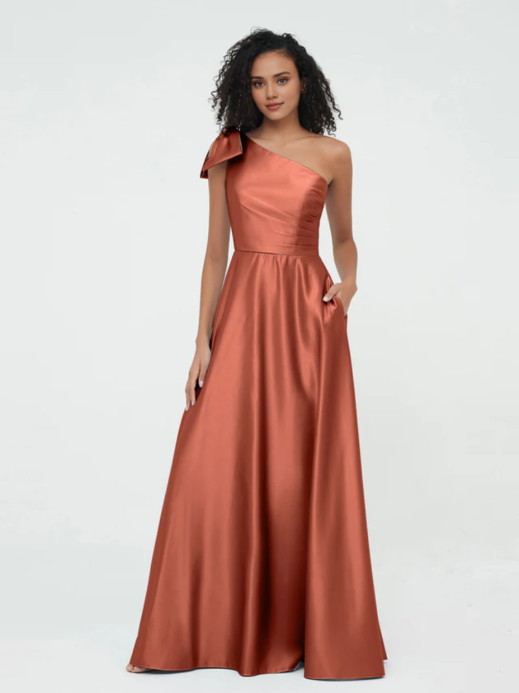 Elegant Satin A-Line One Shoulder Bow Back Maxi Bridesmaid Dress