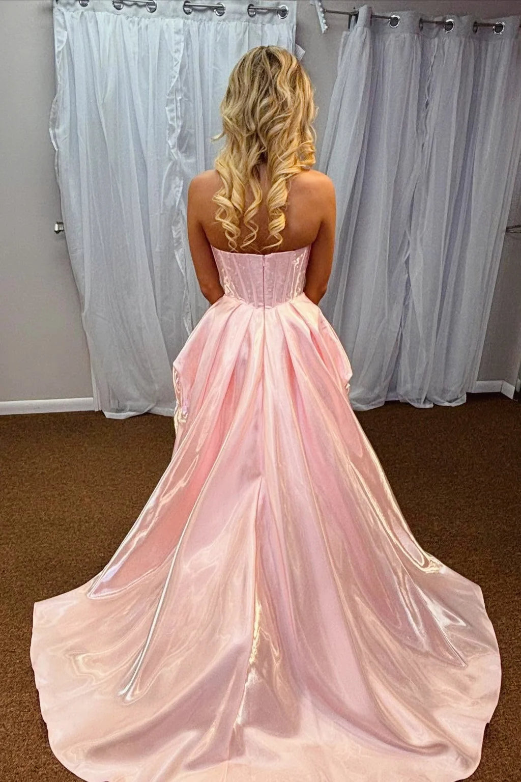 Pink Iridescent Strapless High Slit Ballgown
