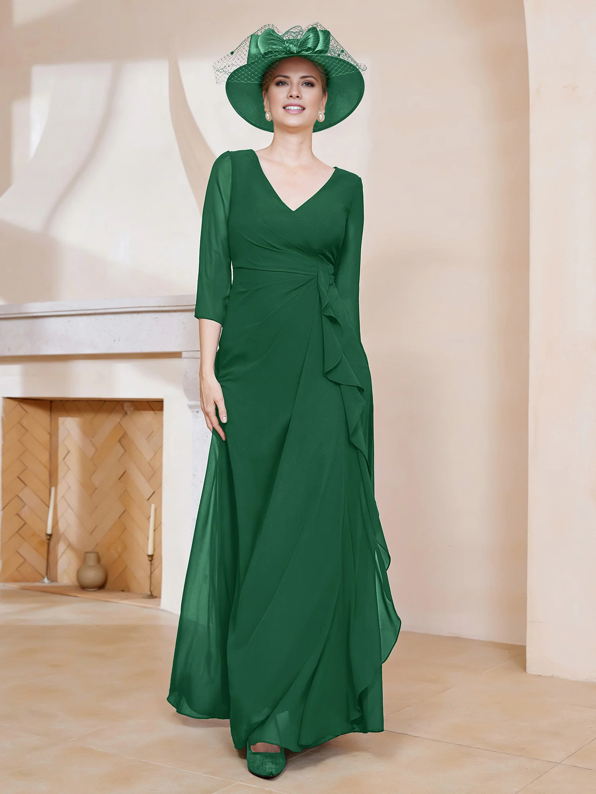 Navy Blue Chiffon A-Line V-Neck Floor-Length Evening Dress