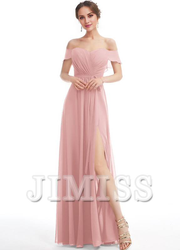 Vestido de dama de honor de gasa con volantes, corte A y largo hasta el suelo