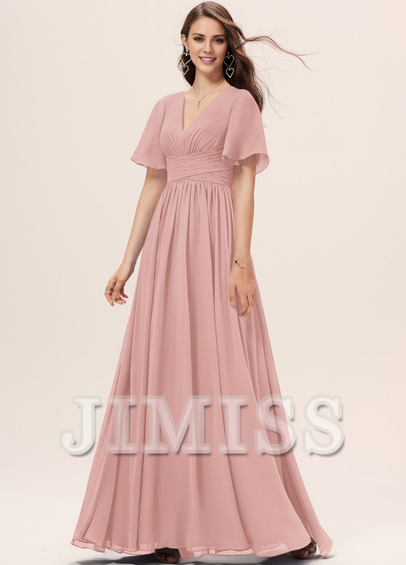 Vestido de dama de honor de gasa con volantes, escote en V y largo hasta el suelo