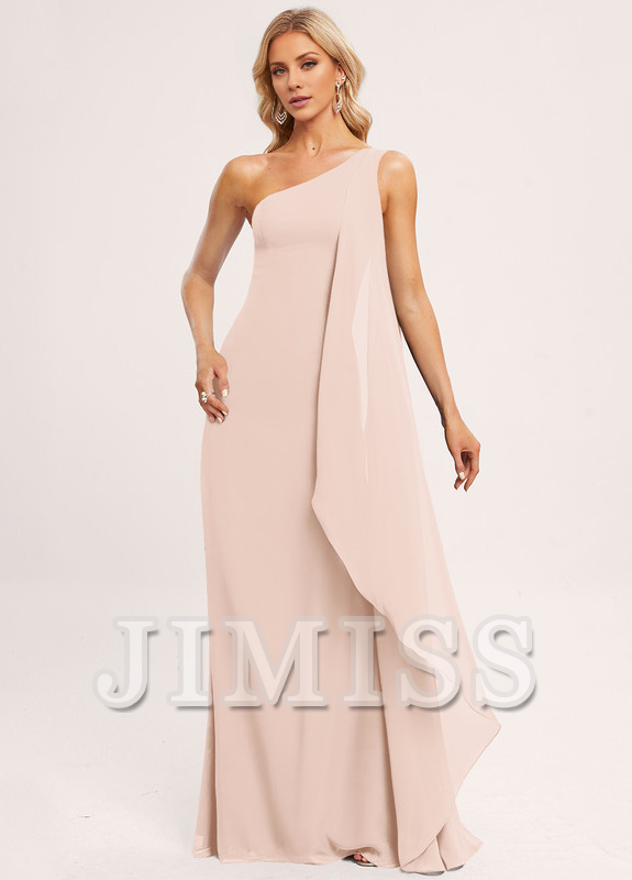 Vestido de dama de honor de gasa con volantes, corte A, un hombro al aire y largo hasta el suelo