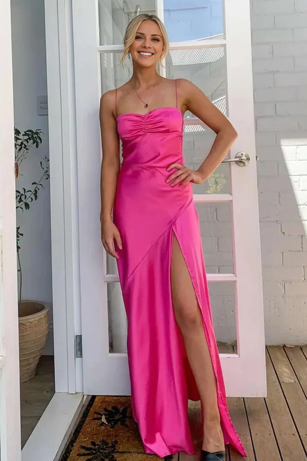 Pink Satin A-Line Floor-Length Sweetheart Dress with Ruched Bodice and High Slit