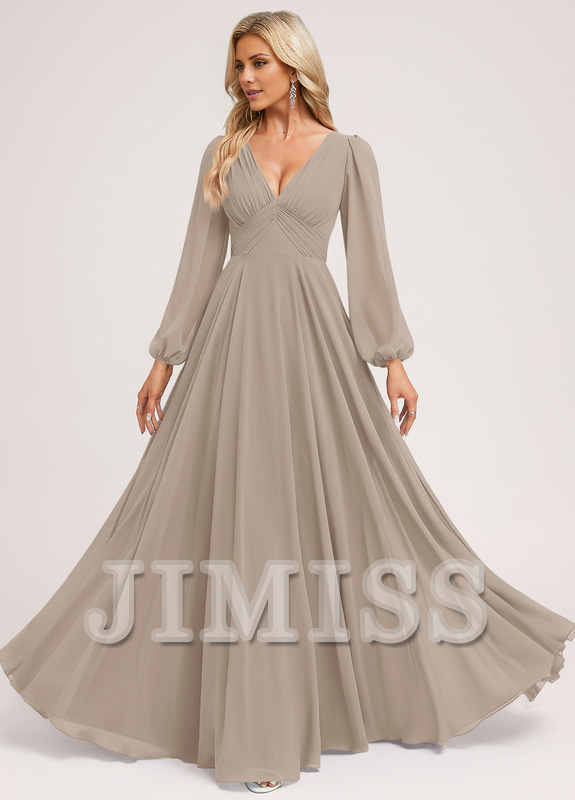 Abito da damigella d'onore in chiffon lungo fino al pavimento, con scollo a V e linea ad A