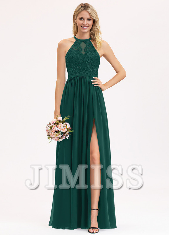 Abito da damigella d'onore in chiffon e pizzo, a trapezio, con scollo a barchetta e lunghezza al pavimento