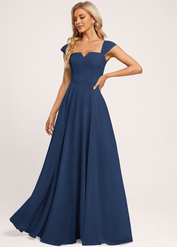 Abito da damigella d'onore in chiffon a trapezio, con spalle scoperte e lunghezza fino al pavimento