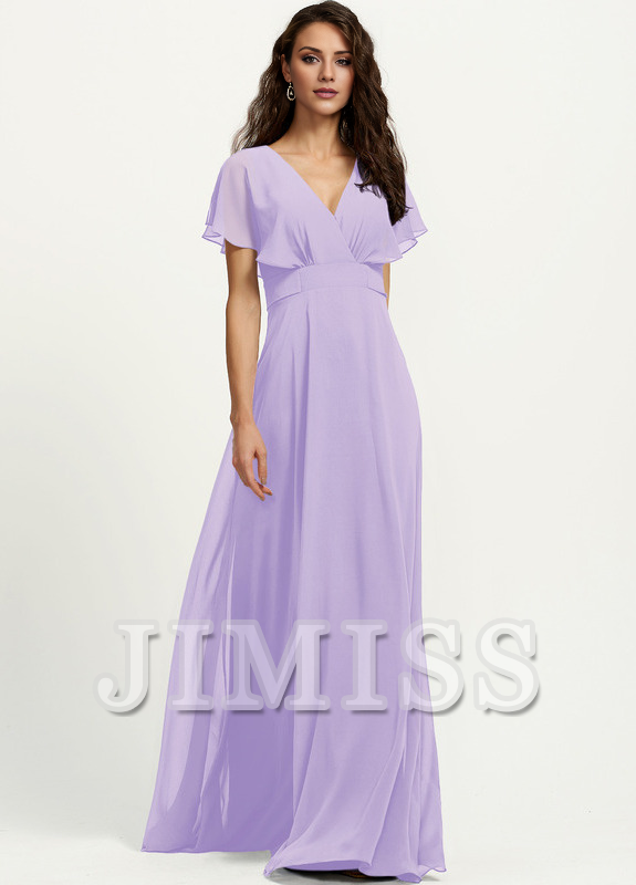 Abito da damigella d'onore in chiffon lungo fino al pavimento, con scollo a V e linea ad A