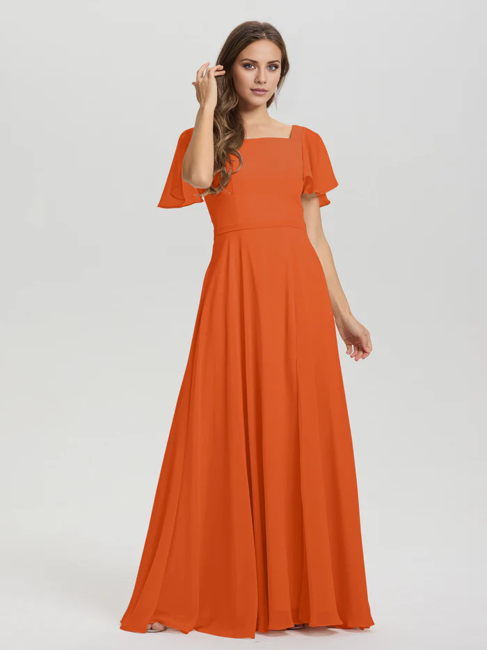 Vestido de dama de honor de gasa con cuello cuadrado, corte A, mangas cortas con volantes y largo hasta el suelo